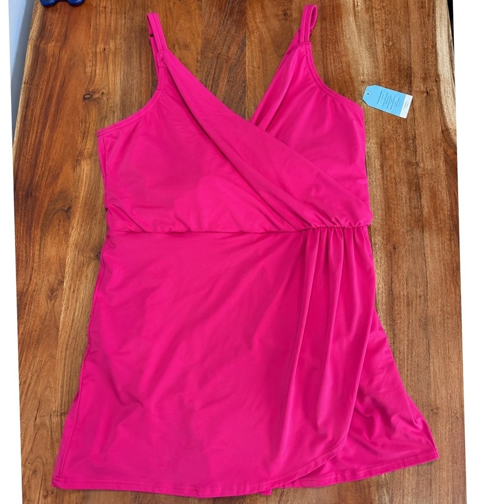 Lands End V Neck Tulip Wrap Swim Dress One Piece Shelf Bra Fuschia LP 14 16 - Picture 6 of 15